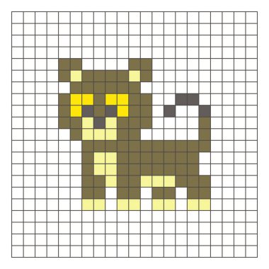 Temiz bir ızgara düzeni üzerinde geometrik kare renk bloklarından yapılmış düz bir piksel tasarımı. Eğitici oyun unsurları, simgeler ya da el sanatları modelleri için uygundur. Piksel Sanat Aslanı