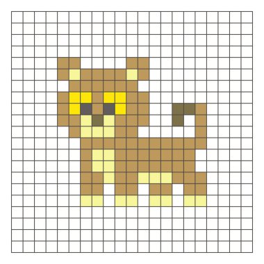 Temiz bir ızgara düzeni üzerinde geometrik kare renk bloklarından yapılmış düz bir piksel tasarımı. Eğitici oyun unsurları, simgeler ya da el sanatları modelleri için uygundur. Piksel Sanat Aslanı