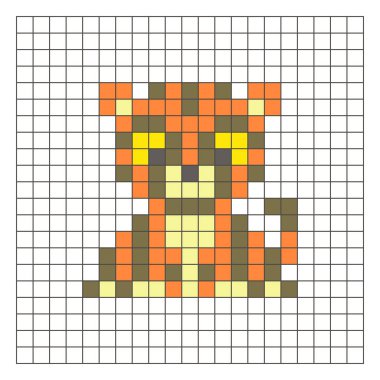 Temiz bir ızgara düzeni üzerinde geometrik kare renk bloklarından yapılmış düz bir piksel tasarımı. Eğitici oyun unsurları, simgeler ya da el sanatları modelleri için uygundur. Piksel sanat çitası