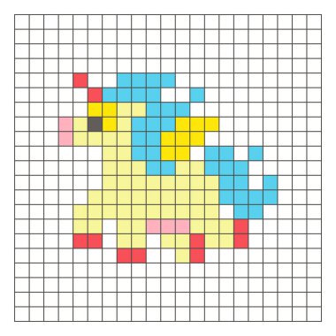 Temiz bir ızgara düzeni üzerinde geometrik kare renk bloklarından yapılmış düz bir piksel tasarımı. Eğitici oyun unsurları, simgeler ya da el sanatları modelleri için uygundur. Pixel sanat fantezi midillisi
