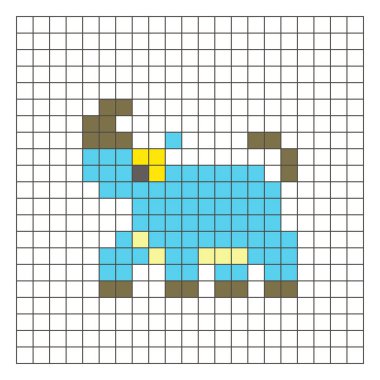 Temiz bir ızgara düzeni üzerinde geometrik kare renk bloklarından yapılmış düz bir piksel tasarımı. Eğitici oyun unsurları, simgeler ya da el sanatları modelleri için uygundur. Pikselli gergedan