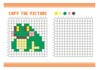 Çocuklar için resim çizelgesini kopyala. Eğlenceli ve eğitici renklendirme aktivitesi. Çizim ve koordinasyon becerileri için uygun. Piksel Sanat Kurbağası