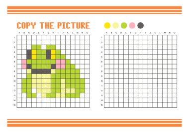 Çocuklar için resim çizelgesini kopyala. Eğlenceli ve eğitici renklendirme aktivitesi. Çizim ve koordinasyon becerileri için uygun. Piksel Sanat Kurbağası