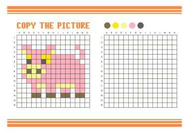 Çocuklar için resim çizelgesini kopyala. Eğlenceli ve eğitici renklendirme aktivitesi. Çizim ve koordinasyon becerileri için uygun. Piksel Sanat Domuzu
