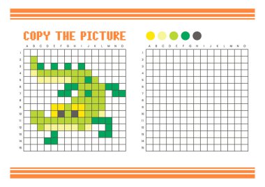 Çocuklar için resim çizelgesini kopyala. Eğlenceli ve eğitici renklendirme aktivitesi. Çizim ve koordinasyon becerileri için uygun. Piksel Sanat Timsahı