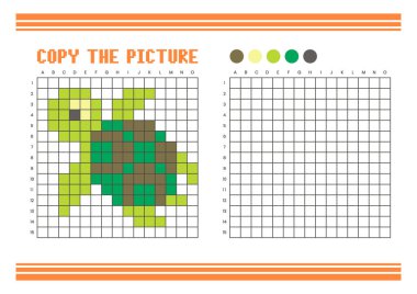 Çocuklar için resim çizelgesini kopyala. Eğlenceli ve eğitici renklendirme aktivitesi. Çizim ve koordinasyon becerileri için uygun. Piksel Sanat Kaplumbağası