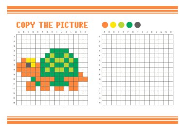 Çocuklar için resim çizelgesini kopyala. Eğlenceli ve eğitici renklendirme aktivitesi. Çizim ve koordinasyon becerileri için uygun. Piksel Sanat Kaplumbağası