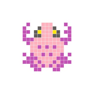 Temiz bir ikon düzeninde geometrik kare renk bloklarından yapılmış düz bir piksel tasarımı. Yaratıcı modern elementler, izole eşyalar ya da parlak zanaat projeleri için uygundur. Piksel Sanat Kurbağası