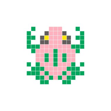 Temiz bir ikon düzeninde geometrik kare renk bloklarından yapılmış düz bir piksel tasarımı. Yaratıcı modern elementler, izole eşyalar ya da parlak zanaat projeleri için uygundur. Piksel Sanat Kurbağası