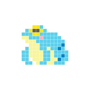 Temiz bir ikon düzeninde geometrik kare renk bloklarından yapılmış düz bir piksel tasarımı. Yaratıcı modern elementler, izole eşyalar ya da parlak zanaat projeleri için uygundur. Piksel Sanat Kurbağası