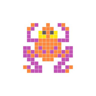 Temiz bir ikon düzeninde geometrik kare renk bloklarından yapılmış düz bir piksel tasarımı. Yaratıcı modern elementler, izole eşyalar ya da parlak zanaat projeleri için uygundur. Piksel Sanat Kurbağası