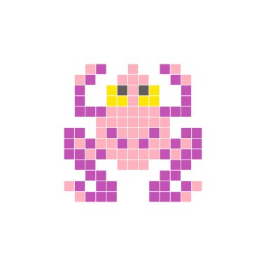 Temiz bir ikon düzeninde geometrik kare renk bloklarından yapılmış düz bir piksel tasarımı. Yaratıcı modern elementler, izole eşyalar ya da parlak zanaat projeleri için uygundur. Piksel Sanat Kurbağası