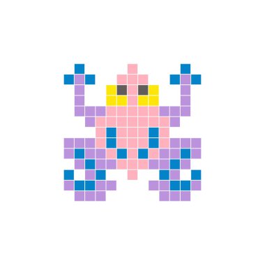 Temiz bir ikon düzeninde geometrik kare renk bloklarından yapılmış düz bir piksel tasarımı. Yaratıcı modern elementler, izole eşyalar ya da parlak zanaat projeleri için uygundur. Piksel Sanat Kurbağası