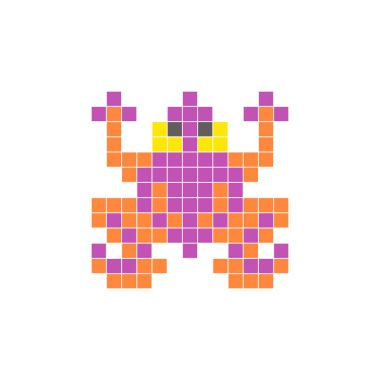 Temiz bir ikon düzeninde geometrik kare renk bloklarından yapılmış düz bir piksel tasarımı. Yaratıcı modern elementler, izole eşyalar ya da parlak zanaat projeleri için uygundur. Piksel Sanat Kurbağası