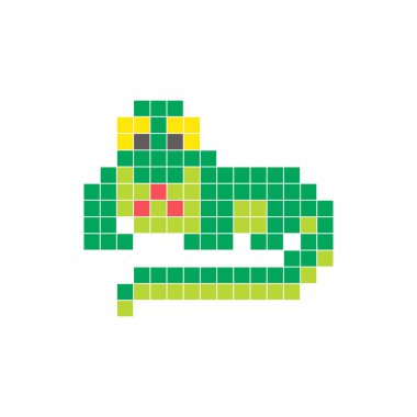 Temiz bir ikon düzeninde geometrik kare renk bloklarından yapılmış düz bir piksel tasarımı. Yaratıcı modern elementler, izole eşyalar ya da parlak zanaat projeleri için uygundur. Pixel art komodo ejderhası