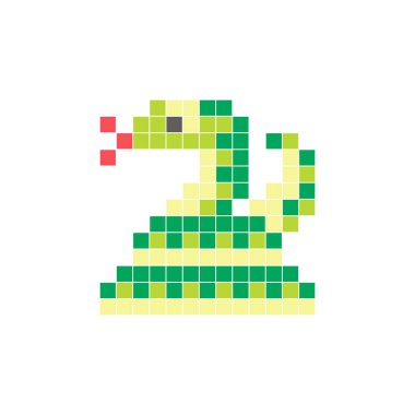 Temiz bir ikon düzeninde geometrik kare renk bloklarından yapılmış düz bir piksel tasarımı. Yaratıcı modern elementler, izole eşyalar ya da parlak zanaat projeleri için uygundur. Piksel sanat pitonu