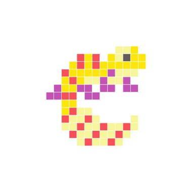 Temiz bir ikon düzeninde geometrik kare renk bloklarından yapılmış düz bir piksel tasarımı. Yaratıcı modern elementler, izole eşyalar ya da parlak zanaat projeleri için uygundur. Piksel sanat kertenkelesi