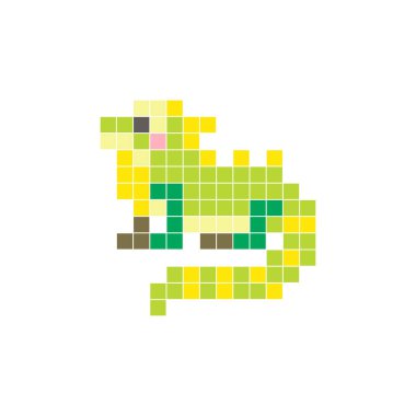 Temiz bir ikon düzeninde geometrik kare renk bloklarından yapılmış düz bir piksel tasarımı. Yaratıcı modern elementler, izole eşyalar ya da parlak zanaat projeleri için uygundur. Piksel sanat iguanası