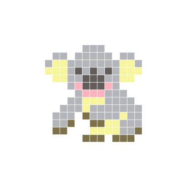 Temiz bir ikon düzeninde geometrik kare renk bloklarından yapılmış düz bir piksel tasarımı. Yaratıcı modern elementler, izole eşyalar ya da parlak zanaat projeleri için uygundur. Piksel sanat koalası