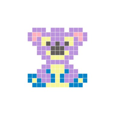 Temiz bir ikon düzeninde geometrik kare renk bloklarından yapılmış düz bir piksel tasarımı. Yaratıcı modern elementler, izole eşyalar ya da parlak zanaat projeleri için uygundur. Piksel sanat koalası