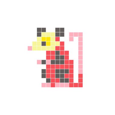 Temiz bir ikon düzeninde geometrik kare renk bloklarından yapılmış düz bir piksel tasarımı. Yaratıcı modern elementler, izole eşyalar ya da parlak zanaat projeleri için uygundur. Piksel sanat keseli sıçanı