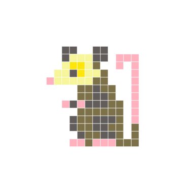 Temiz bir ikon düzeninde geometrik kare renk bloklarından yapılmış düz bir piksel tasarımı. Yaratıcı modern elementler, izole eşyalar ya da parlak zanaat projeleri için uygundur. Piksel sanat keseli sıçanı