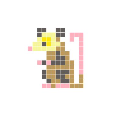 Temiz bir ikon düzeninde geometrik kare renk bloklarından yapılmış düz bir piksel tasarımı. Yaratıcı modern elementler, izole eşyalar ya da parlak zanaat projeleri için uygundur. Piksel sanat keseli sıçanı