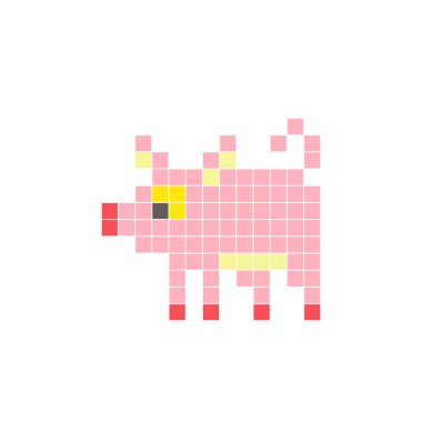 Temiz bir ikon düzeninde geometrik kare renk bloklarından yapılmış düz bir piksel tasarımı. Yaratıcı modern elementler, izole eşyalar ya da parlak zanaat projeleri için uygundur. Piksel Sanat Domuzu