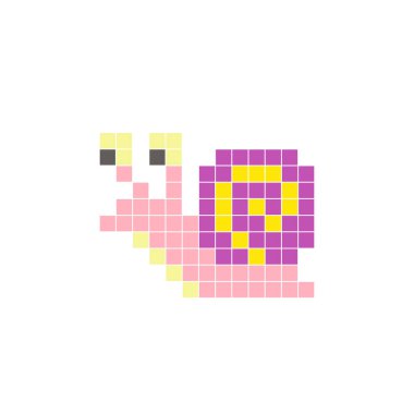Temiz bir ikon düzeninde geometrik kare renk bloklarından yapılmış düz bir piksel tasarımı. Yaratıcı modern elementler, izole eşyalar ya da parlak zanaat projeleri için uygundur. Piksel sanat salyangozu