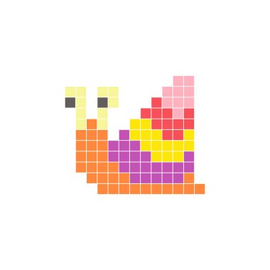 Temiz bir ikon düzeninde geometrik kare renk bloklarından yapılmış düz bir piksel tasarımı. Yaratıcı modern elementler, izole eşyalar ya da parlak zanaat projeleri için uygundur. Piksel sanat salyangozu