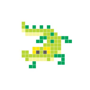 Temiz bir ikon düzeninde geometrik kare renk bloklarından yapılmış düz bir piksel tasarımı. Yaratıcı modern elementler, izole eşyalar ya da parlak zanaat projeleri için uygundur. Piksel Sanat Timsahı