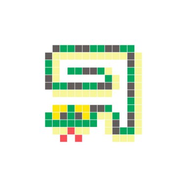 Temiz bir ikon düzeninde geometrik kare renk bloklarından yapılmış düz bir piksel tasarımı. Yaratıcı modern elementler, izole eşyalar ya da parlak zanaat projeleri için uygundur. Piksel Sanat Yılanı