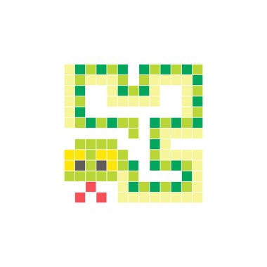 Temiz bir ikon düzeninde geometrik kare renk bloklarından yapılmış düz bir piksel tasarımı. Yaratıcı modern elementler, izole eşyalar ya da parlak zanaat projeleri için uygundur. Piksel Sanat Yılanı