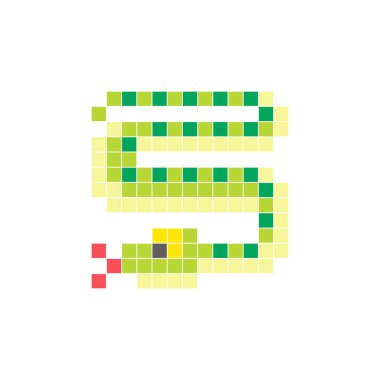 Temiz bir ikon düzeninde geometrik kare renk bloklarından yapılmış düz bir piksel tasarımı. Yaratıcı modern elementler, izole eşyalar ya da parlak zanaat projeleri için uygundur. Piksel sanat pitonu