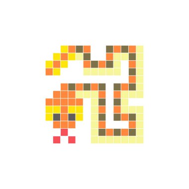 Temiz bir ikon düzeninde geometrik kare renk bloklarından yapılmış düz bir piksel tasarımı. Yaratıcı modern elementler, izole eşyalar ya da parlak zanaat projeleri için uygundur. Piksel sanat çıngıraklı yılanı