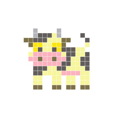 Temiz bir ikon düzeninde geometrik kare renk bloklarından yapılmış düz bir piksel tasarımı. Yaratıcı modern elementler, izole eşyalar ya da parlak zanaat projeleri için uygundur. Piksel sanat ineği