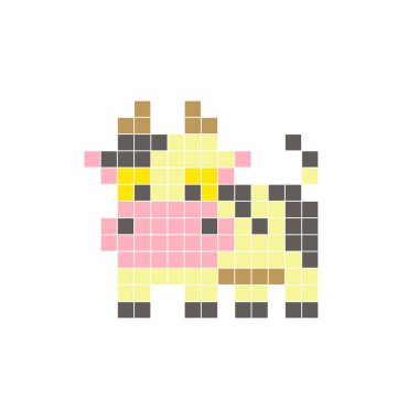 Temiz bir ikon düzeninde geometrik kare renk bloklarından yapılmış düz bir piksel tasarımı. Yaratıcı modern elementler, izole eşyalar ya da parlak zanaat projeleri için uygundur. Piksel sanat ineği