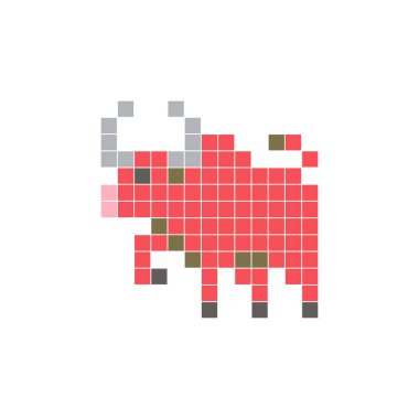 Temiz bir ikon düzeninde geometrik kare renk bloklarından yapılmış düz bir piksel tasarımı. Yaratıcı modern elementler, izole eşyalar ya da parlak zanaat projeleri için uygundur. Piksel Sanat Boğası