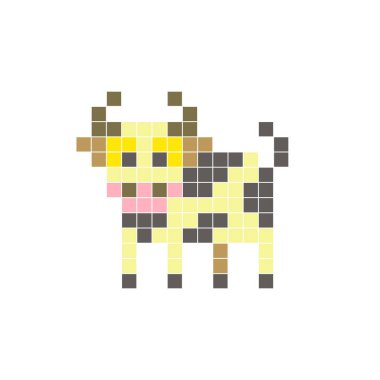 Temiz bir ikon düzeninde geometrik kare renk bloklarından yapılmış düz bir piksel tasarımı. Yaratıcı modern elementler, izole eşyalar ya da parlak zanaat projeleri için uygundur. Piksel sanat ineği