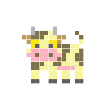 Temiz bir ikon düzeninde geometrik kare renk bloklarından yapılmış düz bir piksel tasarımı. Yaratıcı modern elementler, izole eşyalar ya da parlak zanaat projeleri için uygundur. Piksel sanat ineği