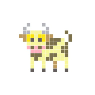 Temiz bir ikon düzeninde geometrik kare renk bloklarından yapılmış düz bir piksel tasarımı. Yaratıcı modern elementler, izole eşyalar ya da parlak zanaat projeleri için uygundur. Piksel sanat ineği