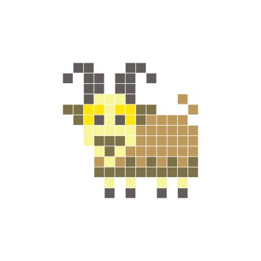 Temiz bir ikon düzeninde geometrik kare renk bloklarından yapılmış düz bir piksel tasarımı. Yaratıcı modern elementler, izole eşyalar ya da parlak zanaat projeleri için uygundur. Piksel sanat keçisi