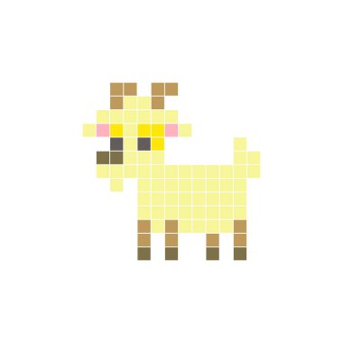 Temiz bir ikon düzeninde geometrik kare renk bloklarından yapılmış düz bir piksel tasarımı. Yaratıcı modern elementler, izole eşyalar ya da parlak zanaat projeleri için uygundur. Piksel sanat keçisi