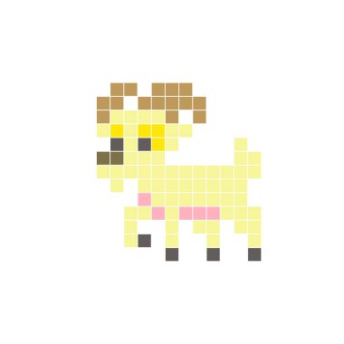 Temiz bir ikon düzeninde geometrik kare renk bloklarından yapılmış düz bir piksel tasarımı. Yaratıcı modern elementler, izole eşyalar ya da parlak zanaat projeleri için uygundur. Piksel sanat keçisi