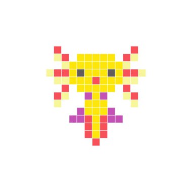 Temiz bir ikon düzeninde geometrik kare renk bloklarından yapılmış düz bir piksel tasarımı. Yaratıcı modern elementler, izole eşyalar ya da parlak zanaat projeleri için uygundur. Pixel sanat axolotl!