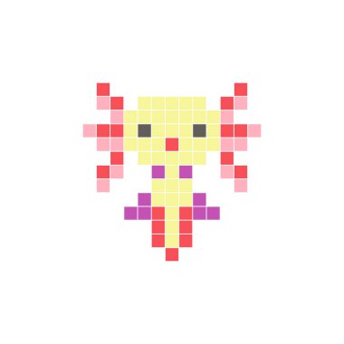 Temiz bir ikon düzeninde geometrik kare renk bloklarından yapılmış düz bir piksel tasarımı. Yaratıcı modern elementler, izole eşyalar ya da parlak zanaat projeleri için uygundur. Pixel sanat axolotl!