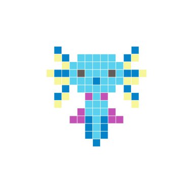Temiz bir ikon düzeninde geometrik kare renk bloklarından yapılmış düz bir piksel tasarımı. Yaratıcı modern elementler, izole eşyalar ya da parlak zanaat projeleri için uygundur. Pixel sanat axolotl!