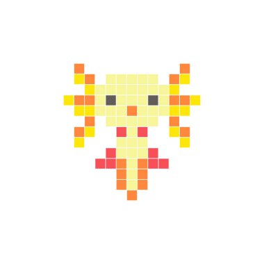 Temiz bir ikon düzeninde geometrik kare renk bloklarından yapılmış düz bir piksel tasarımı. Yaratıcı modern elementler, izole eşyalar ya da parlak zanaat projeleri için uygundur. Pixel sanat axolotl!