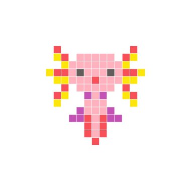 Temiz bir ikon düzeninde geometrik kare renk bloklarından yapılmış düz bir piksel tasarımı. Yaratıcı modern elementler, izole eşyalar ya da parlak zanaat projeleri için uygundur. Pixel sanat axolotl!