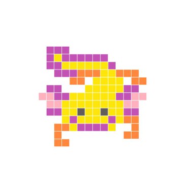 Temiz bir ikon düzeninde geometrik kare renk bloklarından yapılmış düz bir piksel tasarımı. Yaratıcı modern elementler, izole eşyalar ya da parlak zanaat projeleri için uygundur. Pixel sanat axolotl!